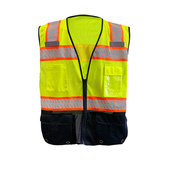 Two-Tone Hi-Vis Safety Vest Zipper Front Closure Vith Solid Black Bottom